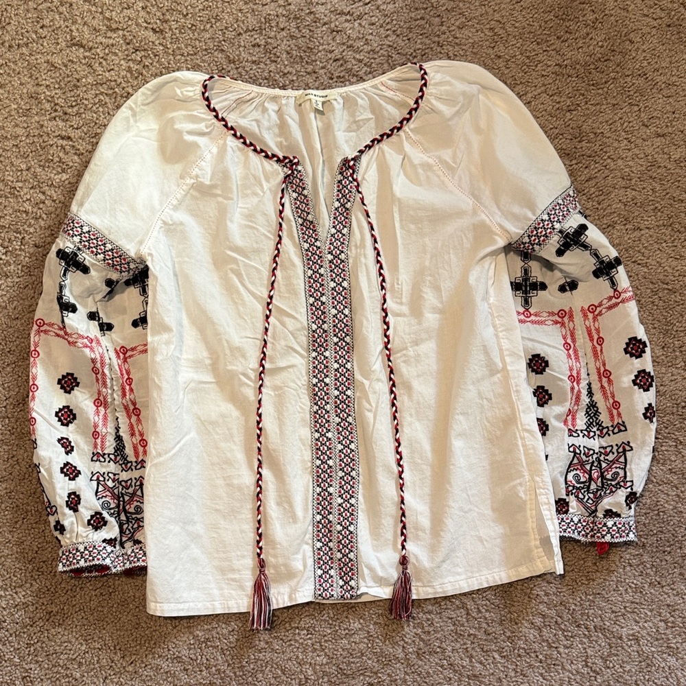 Max Studio Ivory Blouse with Black and Red Embroidery